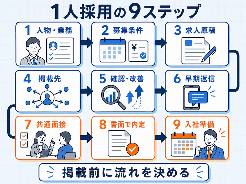 人物と業務の決定から入社準備まで、賃貸営業を1人採用する9ステップの図解