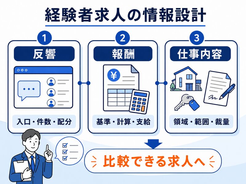 経験者求人で明示すべき反響・報酬・仕事内容の3つの情報を示す図解