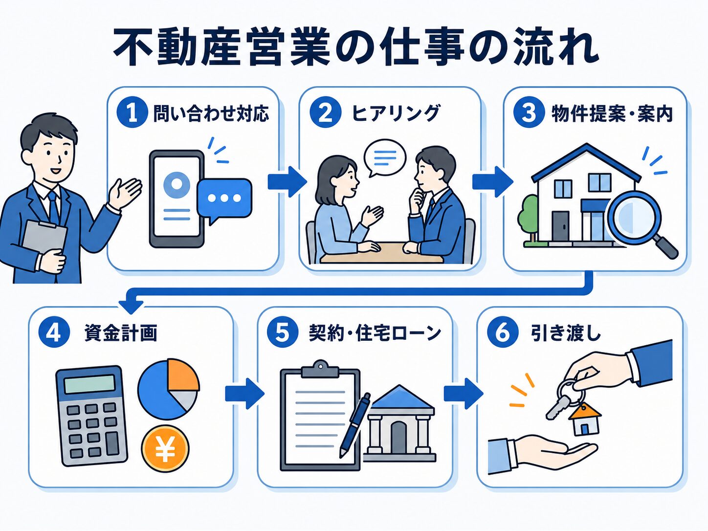 問い合わせ対応から引き渡しまでの不動産営業の仕事の流れを示す図解