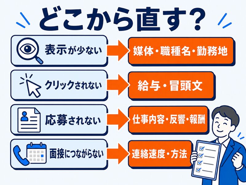 求人の表示、クリック、応募、面接設定の状況別に改善点を示す自己診断図