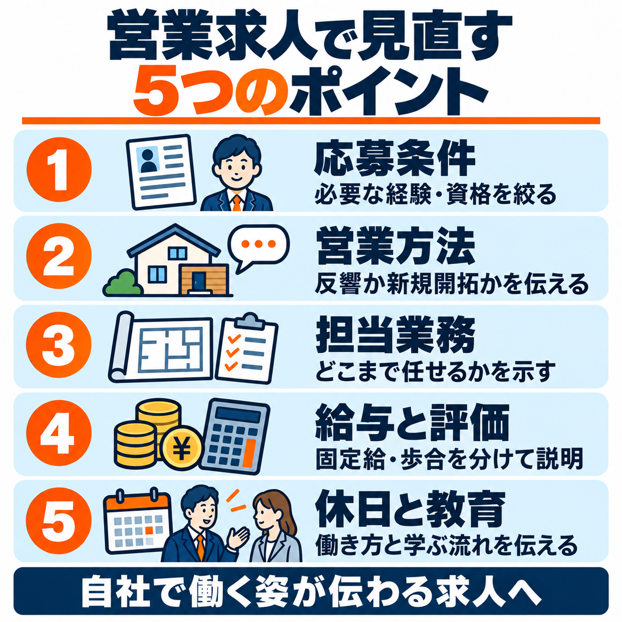 工務店の営業求人で確認する応募条件、営業方法、担当業務、給与と評価、休日と教育の5項目